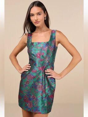 Lulus Compelling Drama Green Floral Jacquard Lurex Bustier Dress Size XS NWT